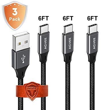 3A Heavy Duty USB C Cable Seamless End Tip Type C Charger Cord [3 Pack 6ft], Agvee Metal Shell, Braided Type C Charger, Fast Charging Cable for Samsung Galaxy S9 S8 Note 8 Gray Black