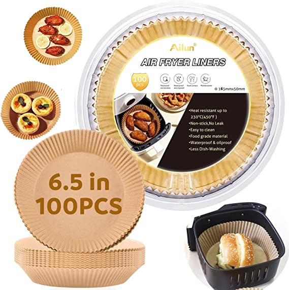 Ailun Air Fryer Disposable Paper Liner, 100PCS Non-Stick Air Fryer Liners, Oil Resistant, Waterproof, Food Grade Baking Paper for Baking Roasting Microwave 6.5inch