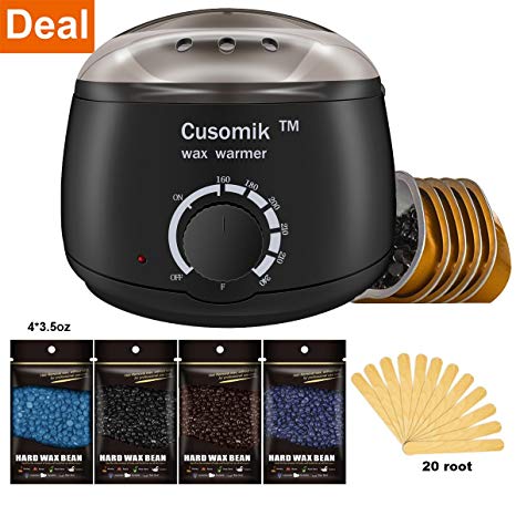 Wax Warmer - Cusomik Waxing Hair Removal Kit Wax Heater with 4 Hard Wax Beans and 20 Wax Applicator Sticks Summer Ready-Painlessly Remove Hair From Bikini Arm Legs at Home