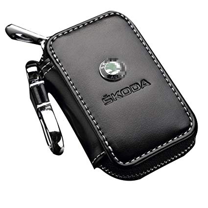 SHANG MEDING Black Premium Leather Car Key Chain Coin Holder Zipper Case Remote Wallet Bag (Skoda)