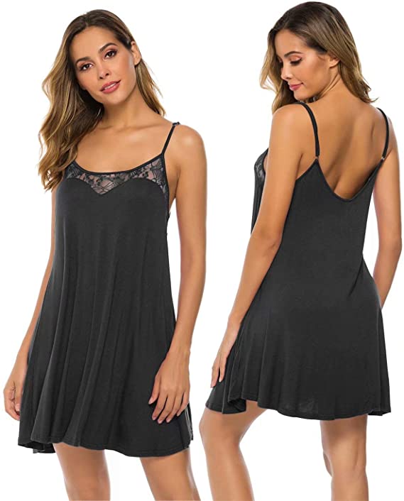 Bloggerlove Womens Nightgown Spaghetti Strap Chemise Lace Nightdress Loose Slip Babydoll Sleepwear