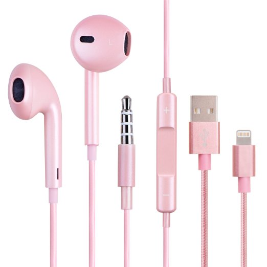 Wecharge Premium EarphonesEarbudsHeadphones Noise Cancelling with Remote and Mic and Braided Lightning Cable for iPhone 6s plus 6s 6 plus 6 5s 5c 5 iPad Air iPad iPod Rose Golden