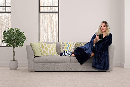 Chic Home Pedra Wrap Snuggle Robe Cozy Super Soft Ultra Plush Flannel Fleece Wearable Blanket with 2 Pockets and Bonus Pair of Striped Socks22” x 88”, 22 x 88, Navy