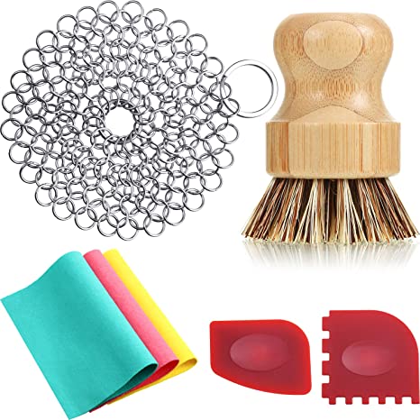 7-Piece Stainless Steel Chainmail Scrubber Set Includes 4-Inch Cast Iron Cleaner with 1 Wood Scrub Cleaning Brush, 2 Pan Scrapers and 3 Dish Clothes for Kitchen Cutlery Brush Cleaning