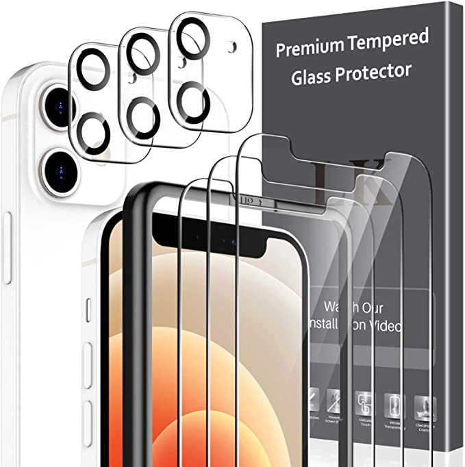 6 Pack LK 3 Pack Screen Protector with 3 Pack Camera Lens Protector Compatible with iPhone 12 6.1-inch, Not Compatible with iPhone 12 Pro, Tempered Glass, Easy Frame Installation, HD Ultra-Thin