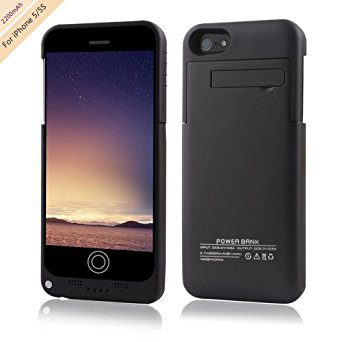 For iPhone 5 Charger Case, BSWHW 2200mAh Portable Battery Case with Pop-out Kickstand Extended Battery Pack Rechargeable Power Protection case Backup Juice Bank, Black