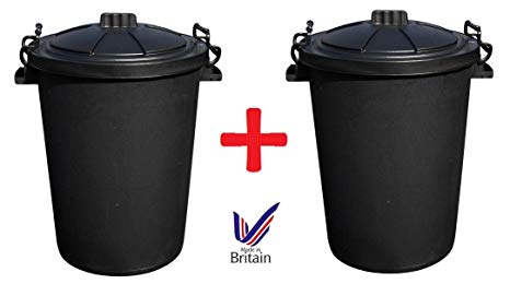 2 x Large 80/85L Litre Black Plastic Bin Rubbish Dustbin Animal Feed Storage