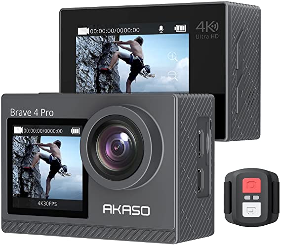 AKASO Brave 4 Pro Waterproof Action Camera - 4K30fps 20MP Dual Screen 40M Underwater Camera, Stabilization, 5x Zoom, 2 Rechargeable 1350mAh Batteries, Remote Control Sports Camera with Accessories Kit