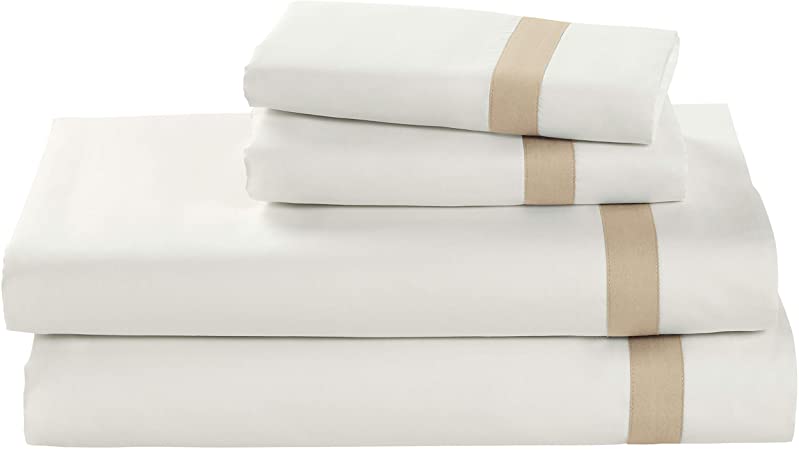 Stone & Beam Banded 100% Percale Cotton Bed Sheet Set, Easy Care, Queen, Linen