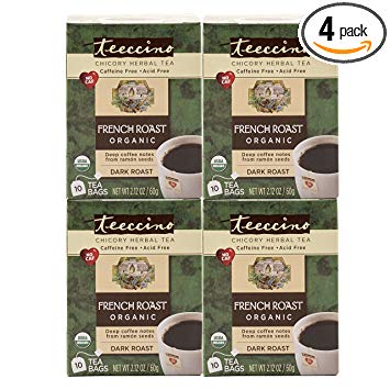 Teeccino French Roast Organic Chicory Herbal Tea Bags, Caffeine Free, Acid Free, 10 Count (Pack of 4)