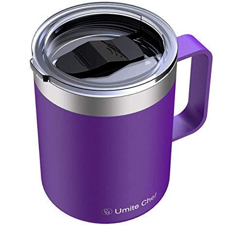 Umite Chef Stainless Steel Insulated Coffee Mug Tumbler with Handle, 12 oz Double Wall Vacuum Tumbler Cup with Lid Insulated Camping Tea Flask for Hot & Cold Drinks(Purple)
