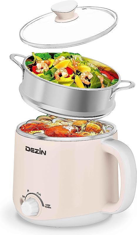 Dezin Hot Pot Electric with Steamer, Rapid Noodles Cooker, Stainless Steel Electric Pot 1.6 Liter, Perfect for Ramen, Egg, Pasta, Dumpling, Soup, Oatmeal with Temperature Control and Keep Warm Function