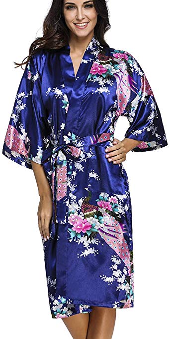 OLIPHEE Women's Satin Dressing Gowns Peacock Blossoms Bridesmaid Kimonos Nightwear Robes