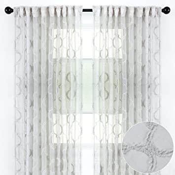 Chanasya 2-Panel Moroccan Embroidered Design Textured Sheer Curtain Panels - for Windows Living Room Bedroom Kitchen Office - Translucent Window Drapes for Home Decor - 52 x 63 Inches Long - Gray