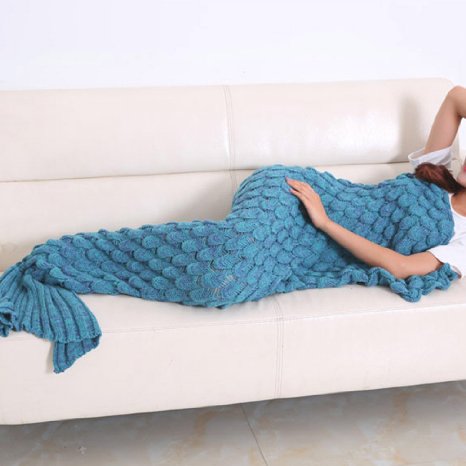 BTOZ Handmade Mermaid Tail Blanket for Adults,Warm Sofa Quilt Living room blanket for Adults and Kids 190cmX90cm（74.8 inch x35.4 inch ) (Lake Blue)