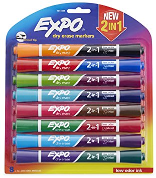 EXPO 2-in-1 Dry Erase Markers, Chisel Tip, Assorted Colors, 8-Count