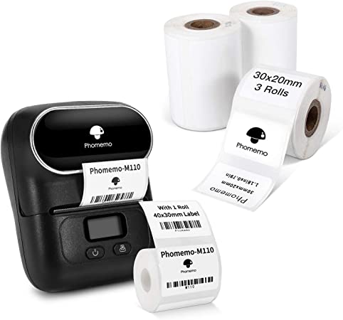 Phomemo M110 Bluetooth Label Maker with 3 Rolls 1.18" x 0.79" (30x20mm)，Bluetooth Thermal Label Maker Printer for Clothing, Jewelry, Retail, Mailing, Barcode, Compatible with Android & iOS System