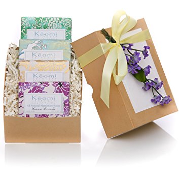 ORGANIC HANDMADE SOAP GIFT SET - Scented w/ Pure Aromatherapy Grade Essential Oils - 4 Full Size Bars - Each Bar Wrapped in Handmade Decorative Paper - Comes in Elegant Embossed Gift Box w/ Satin Ribbon & Floral Embellishment