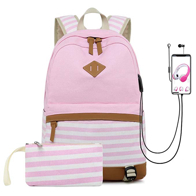 misognare College School Bookbag Canvas USB Backpack Casual Travel Daypack for Girls and Women (Pink)