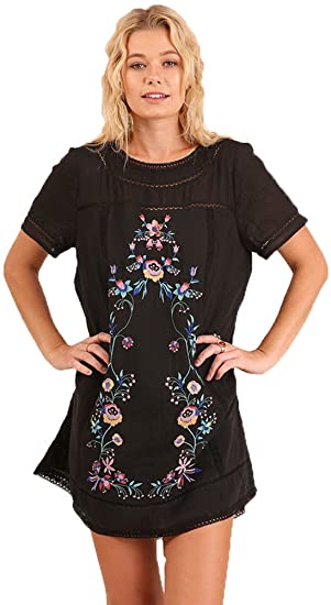 Umgee Women's Bohemian Embroidered Short Sleeve Dress or Tunic