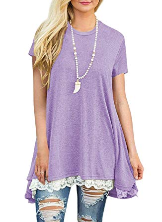 YIOIOIO Womens Short Sleeve Summer Flowy A-Line Tunic T-Shirt High Low Lace Tops