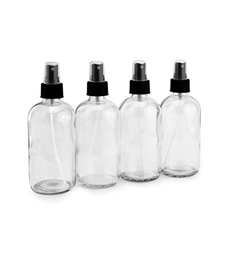 Cornucopia 8-Ounce Clear Glass Fine Mist Spray Bottles (4-Pack); Boston Round w/Atomizer Spritzers for Aromatherapy, Perfume, Cologne, DIY & More