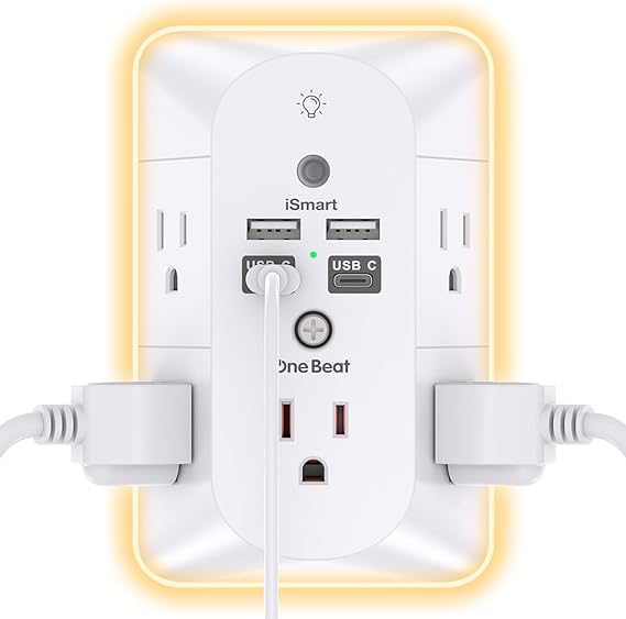 Outlet Extender with Night Light, Surge Protector, Power Strip, 5 Outlet Splitter (3 Side) and 4 USB Charger(2 USB C), USB Wall Charger, Multi Plug Outlets for Home, Office, Dorm Room Essentials