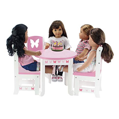 18 Inch Doll Furniture | Lovely Pink and White Table and 4 Chair Value Pack Dining | Fits American Girl Dolls (Butterfly Theme)