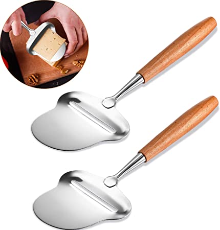 2 Pieces Cheese Slicer Spatula Plane Stainless Steel Cheese Planer Ham Shaver Sliced Cheese Spatula Wood Handle Durable Kitchen Tool for Semi Soft, Semi Hard Cheese