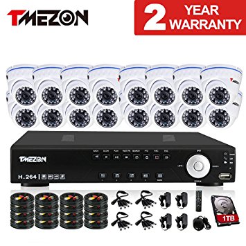 TMEZON 16Ch Channel HDMI DVR Security System CCTV H.264 Internet & 3g Phone Accessible with 800TVL 960H Dome Night Vision Surveillance Cameras 1TB HDD