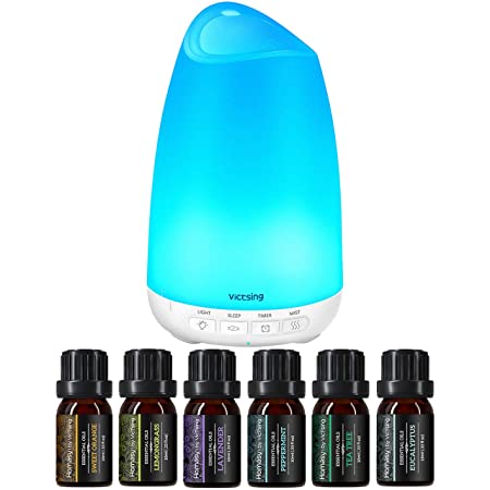 VicTsing Essential Oil Diffuser with Oils, 150ml Oil Diffuser with 6 Pure Essential Oils Set, Whisper Quiet Aromatherapy Diffuser with 8 Colors Light and Sleep Mode Function for Home Bedroom, White