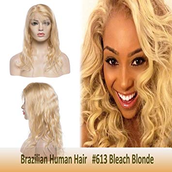 Virgin Human Hair Lace Front Blonde Wig 14" with Baby Hair for Women Body Wave Glueless Transparent Swiss Frontal Lace Free Part Long Brazilian Hair Pre-plucked 130% Density #613 Bleach Blonde