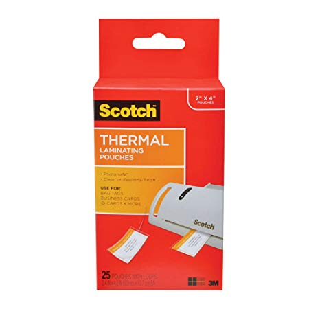 Scotch Thermal Laminating Pouches, 2.48 in x 4.21 in, Luggage Tag Size with Loop, 25 Pouches (TP5853-25)