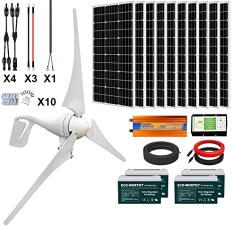 ECO-WORTHY 1400 Watts 24V Solar Wind Turbine Generator Kit: 1pc 400 Watt Wind Turbine   10pcs 100W Mono Solar Panel   1pc Solar Wind Hybrid Controller   1pc 3000W 24V Inverter   4pcs 100Ah Battery