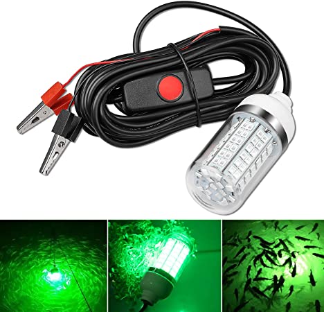 12V 10-14W LED Submersible Fishing Light Underwater Crappie Light Finder Lure Bait Lamp, IP68 Outdoor Night Fishing Light Fish Attracting Light with 5M Power Cord and Battery Clip