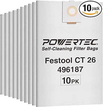 POWERTEC 75037-P2 Filter Bags for Festool 496187 Fits CT 26, 10 PK