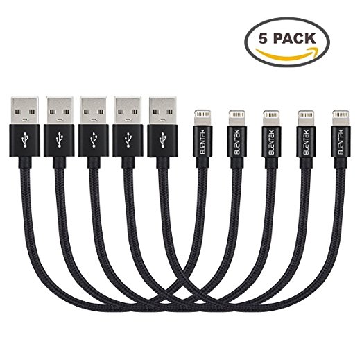 Short Lightning Cable with Ultra Slim Connector [5 Pack 8 inch], BUENTEK Nylon Braided iPhone Charging Cable for iPhone X / 8 / 8 Plus / 7 / 7 Plus / 6 / 6 Plus / 5S - Black