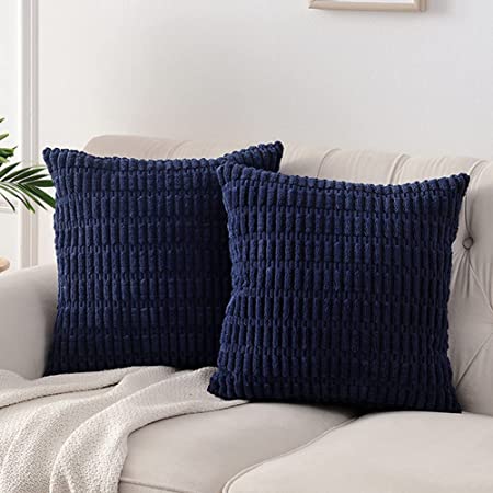 Fancy Homi 2 Packs Navy Blue Decorative Throw Pillow Covers 18x18 Inch for Living Room Couch Bed Sofa, Soft Corduroy Square Cushion Case 45x45 cm, Rustic Modern Farmhouse Boho Home Decor