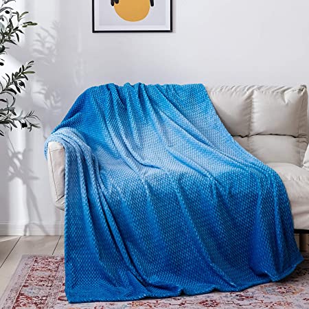NEWCOSPLAY Luxury Super Soft Throw Blanket Premium Flannel Fleece Leaves Pattern Throw Warm Lightweight Blanket Wrinkle-Resistant and Breathable All Season Use (Gradient-Blue, King(90"x110"))