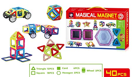 Pure by Rachelle Parker Magical Magnet 40PC Magnetic Toy Set with Wheels! Super Power Magnet Building Blocks - Great for Car Building Fun (Compatible with Magna Tiles & Magformers)
