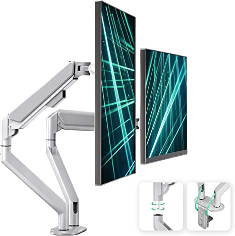 EleTab Dual Arm Monitor Stand - Height Adjustable Desk Monitor Mount Fits for Computer Screens 17 to 32 inches - Each Arm Holds up to 19.8 lbs, Silver