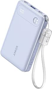 Anker Power Bank, 10,000mAh Portable Charger with Built-in USB-C Cable and Lanyard, 22.5W Max Output with 2 USB-C and 1 USB-A Port, Battery Pack for iPhone 15/14, Galaxy S23, iPad, AirPods, and More