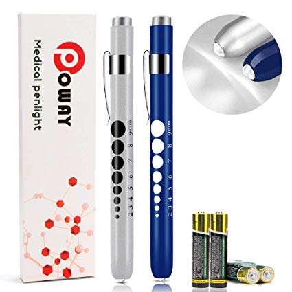 Opoway Nurse Penlight with Pupil Gauge LED Medical Pen Light for Nurses Doctors with Batteries Included 2ct, Silver and Blue
