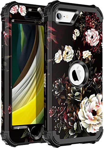 LONTECT Compatible with iPhone SE 2020 Case iPhone SE 2nd Generation Case (4.7 INCH) Floral 3 in 1 Heavy Duty Hybrid Sturdy High Impact Shockproof Protective Cover Case, White Flower/Black