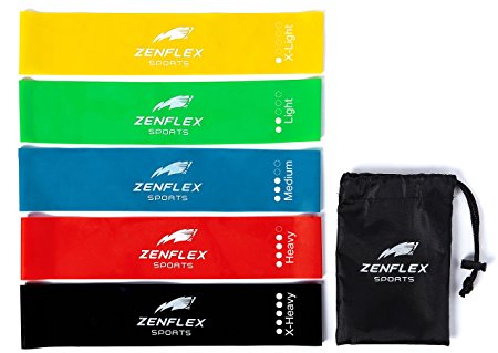 Zenflex Exercise Resistance Loop Bands- Set of 5, with Carrying Bag, Great for Physical Therapy, Yoga, Muscle Sculpting and Toning (12" Long, 2.5" Wide, 5 Resistance Levels, 100% Natural Latex)