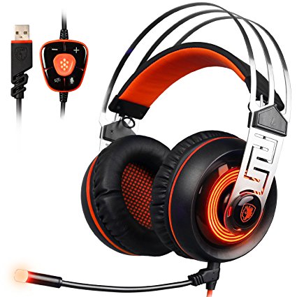 SADES A7 7.1 Virtual Surround Sound USB Gaming Headset with Microphone Intelligent Noise Cancelling Gaming Headphones LED Light for Laptop PC Mac (Black&Orange)
