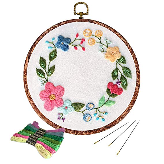 Full Range of Embroidery Starter Kit with Pattern, Kissbuty Cross Stitch Kit Including Embroidery Cloth with Floral Pattern, Imitation Wood Embroidery Hoop, Color Threads and Tools Kit (Flower Hoop)