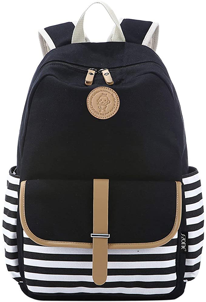 S-ZONE French Breton Nautical Striped Backpack Rucksack Marine Sailor Navy Stripy School Bags for Teenager Girls (A-Black)