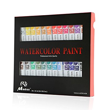Madisi Watercolor Paint Set - 24 Vivid Colors, 12 ML Tubes