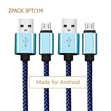 Micro USB Cable,[2-Pack] 3''ft/1m flat Premium Durable Nylon Braided Tangle-free High Speed Data Sync Charger cord with Aluminum Heads for Android Samsung HTC Motorola and More (Blue)